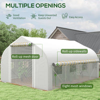 13 x 9.8ft Walk-in Polytunnel Greenhouse, Zipped Roll Up Sidewalls, Mesh Door, 8 Mesh Windows, Tunnel Warm House Tent with PE Cover, Plant Labels and Gloves, White