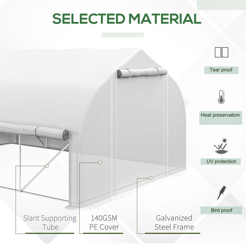 13 x 9.8ft Walk-in Polytunnel Greenhouse, Zipped Roll Up Sidewalls, Mesh Door, 8 Mesh Windows, Tunnel Warm House Tent with PE Cover, Plant Labels and Gloves, White