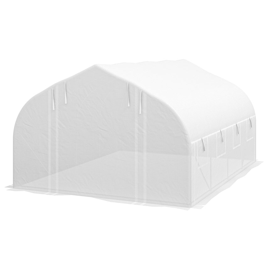 13 x 9.8ft Walk-in Polytunnel Greenhouse, Zipped Roll Up Sidewalls, Mesh Door, 8 Mesh Windows, Tunnel Warm House Tent with PE Cover, Plant Labels and Gloves, White
