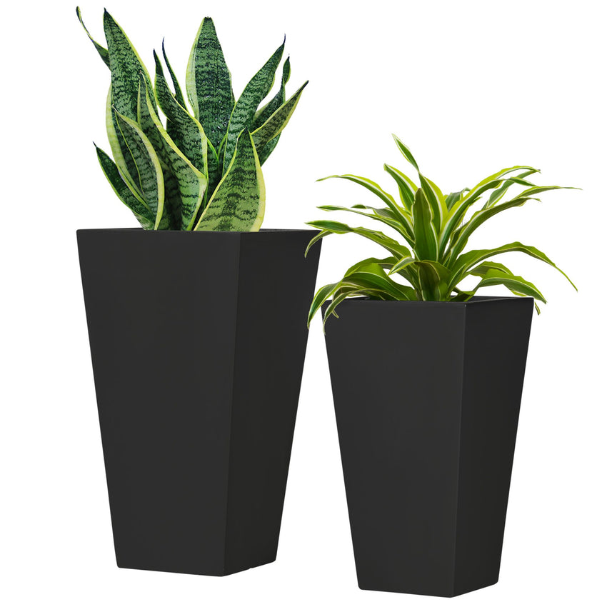 Set of 2 Tall Planters with Drainage Holes, 22" / 18" Outdoor Flower Pots for Patio, Yard, Garden, Black