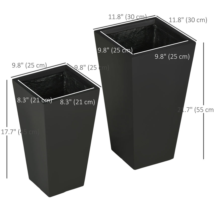 Set of 2 Tall Planters with Drainage Holes, 22" / 18" Outdoor Flower Pots for Patio, Yard, Garden, Black
