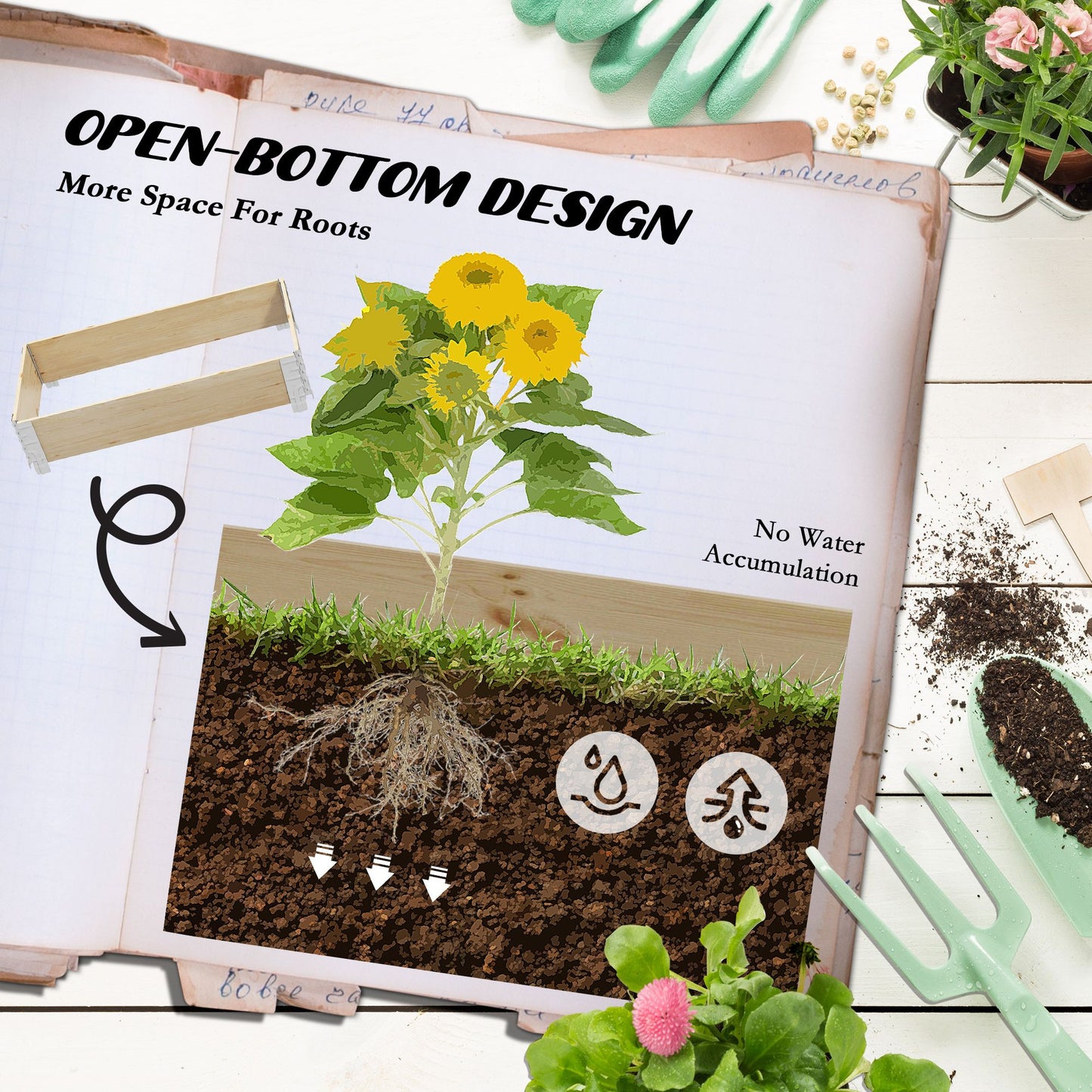 Raised Garden Bed, Foldable Wooden Planters for Outdoor Vegetables, Flowers, Herbs, Plants, Easy Assembly