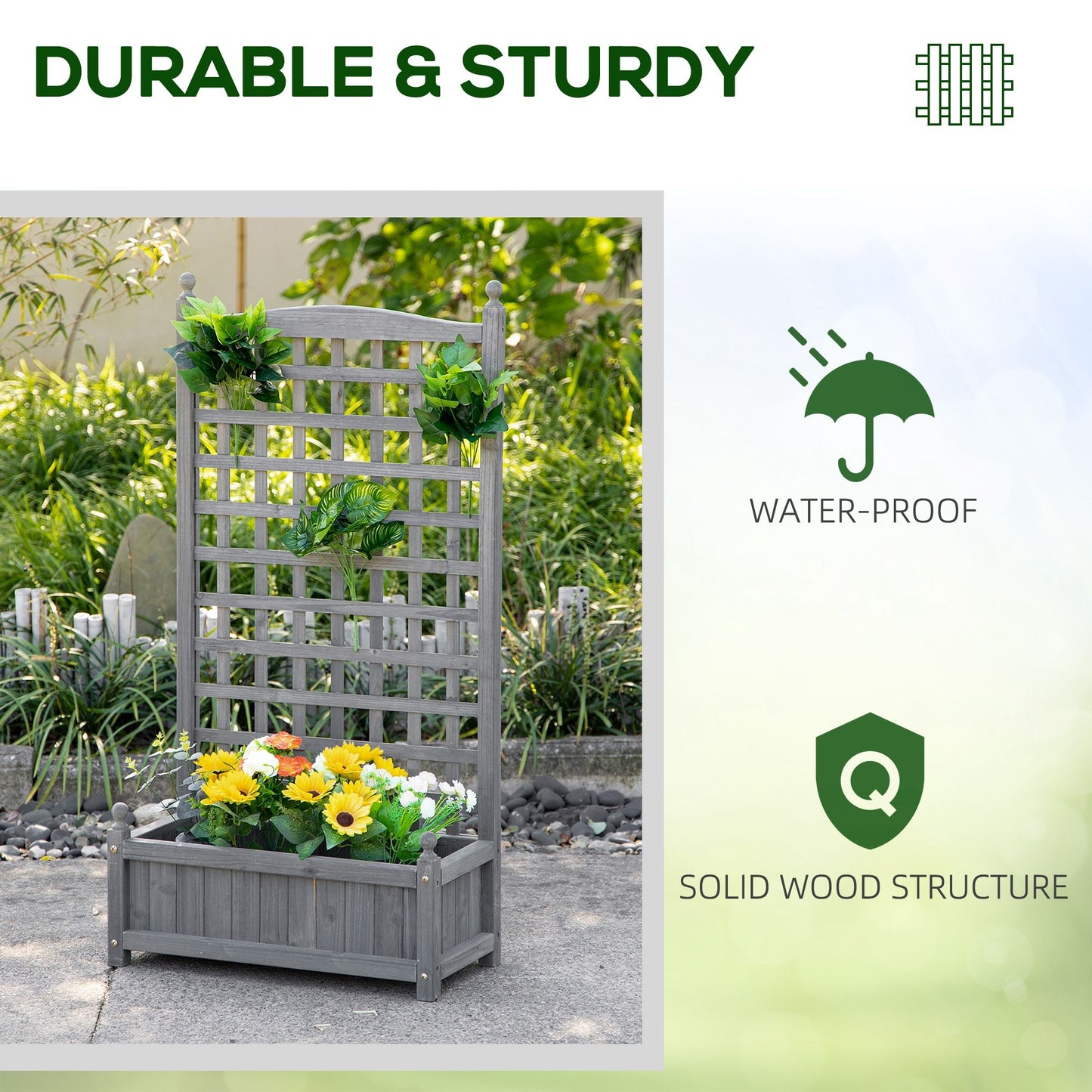 Raised Garden Bed with Trellis for Climbing Vines, Wood Planter Box for Garden, Free Standing Flower Bed, Indoor Outdoor Display Rack, 25.2" x 11" x 47.2", Grey