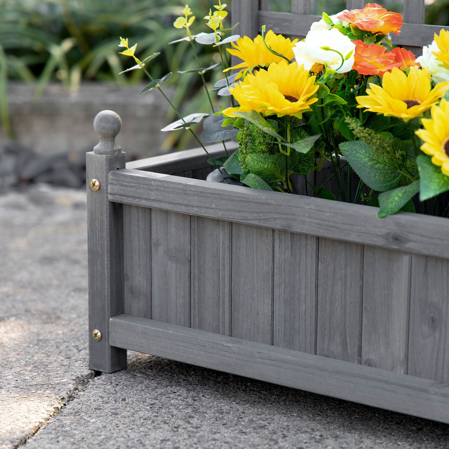Raised Garden Bed with Trellis for Climbing Vines, Wood Planter Box for Garden, Free Standing Flower Bed, Indoor Outdoor Display Rack, 25.2" x 11" x 47.2", Grey