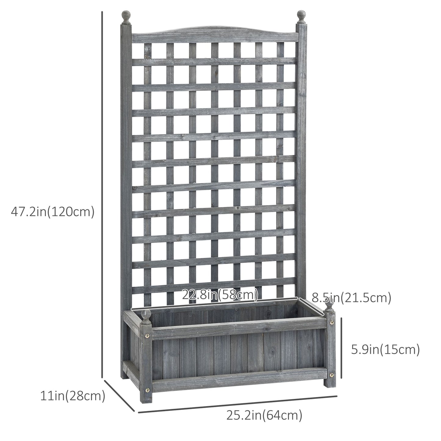 Raised Garden Bed with Trellis for Climbing Vines, Wood Planter Box for Garden, Free Standing Flower Bed, Indoor Outdoor Display Rack, 25.2" x 11" x 47.2", Grey