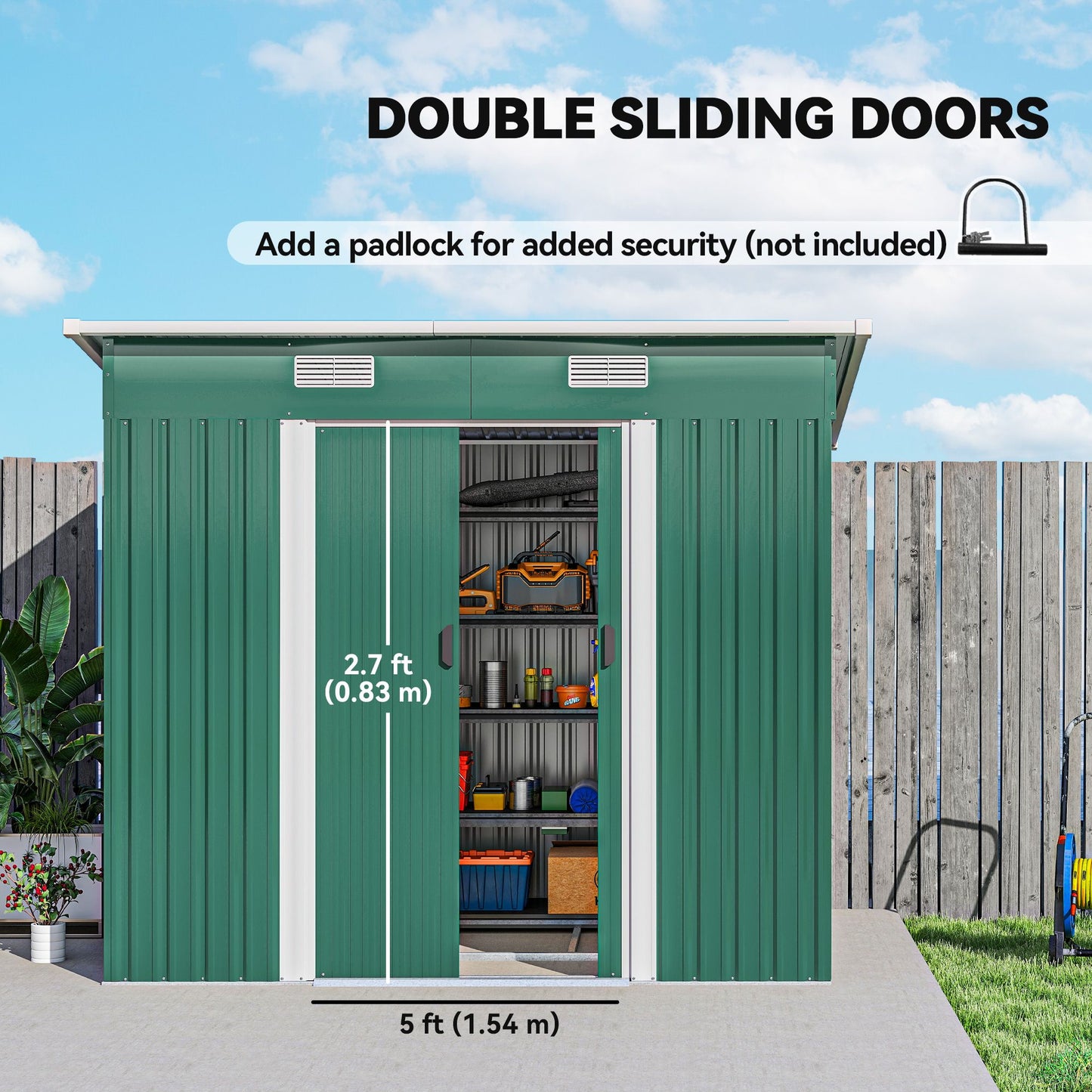 7'x 4' Metal Patio Storage Shed Garden Lockable Shed Tool Utility Storage Unit, Green