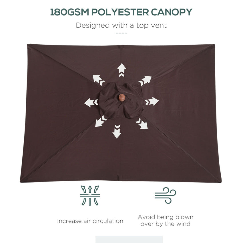 6.6x5ft Square Market Parasol, Wooden Patio Umbrella with Tilt Mechanism and 6 Bamboo Ribs, Garden Sunshade, Coffee