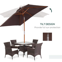 6.6x5ft Square Market Parasol, Wooden Patio Umbrella with Tilt Mechanism and 6 Bamboo Ribs, Garden Sunshade, Coffee