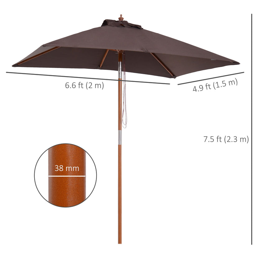 6.6x5ft Square Market Parasol, Wooden Patio Umbrella with Tilt Mechanism and 6 Bamboo Ribs, Garden Sunshade, Coffee