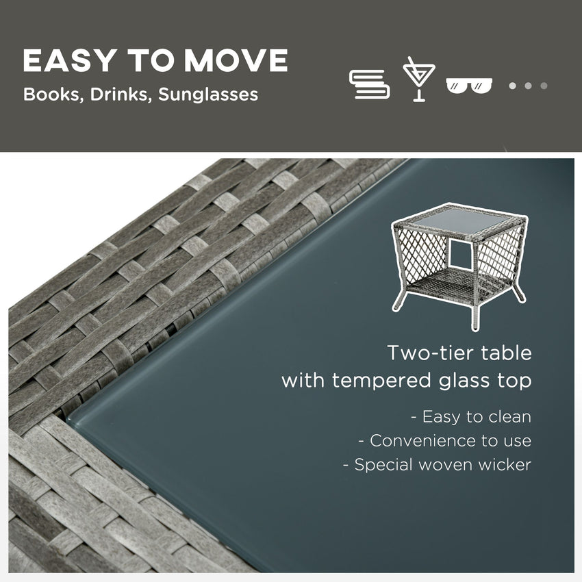 2 Pieces Wicker Patio Lounge Set w/ Cushions, Outdoor PE Rattan Sun Lounger Sets w/ 5-Level Reclining Chaise Chair & Two-tier Glass Top Coffee Table, Cream White