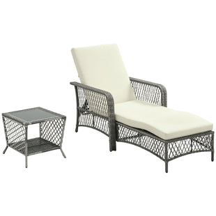 2 Pieces Wicker Patio Lounge Set w/ Cushions, Outdoor PE Rattan Sun Lounger Sets w/ 5-Level Reclining Chaise Chair & Two-tier Glass Top Coffee Table, Cream White