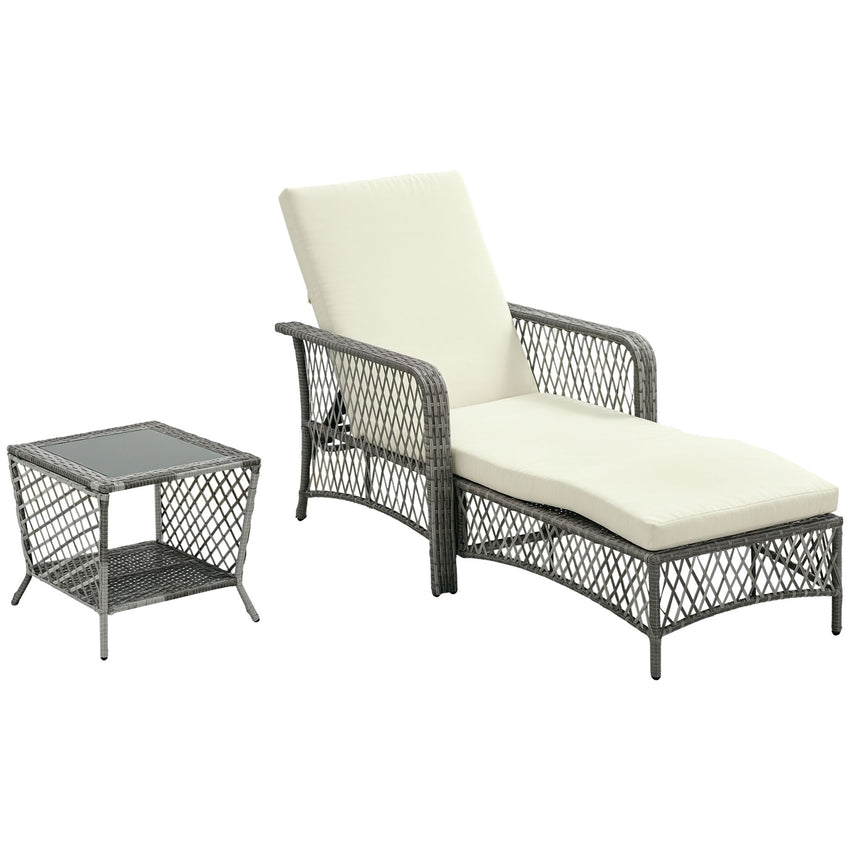 2 Pieces Wicker Patio Lounge Set w/ Cushions, Outdoor PE Rattan Sun Lounger Sets w/ 5-Level Reclining Chaise Chair & Two-tier Glass Top Coffee Table, Cream White