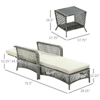 2 Pieces Wicker Patio Lounge Set w/ Cushions, Outdoor PE Rattan Sun Lounger Sets w/ 5-Level Reclining Chaise Chair & Two-tier Glass Top Coffee Table, Cream White