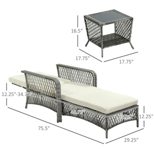 2 Pieces Wicker Patio Lounge Set w/ Cushions, Outdoor PE Rattan Sun Lounger Sets w/ 5-Level Reclining Chaise Chair & Two-tier Glass Top Coffee Table, Cream White