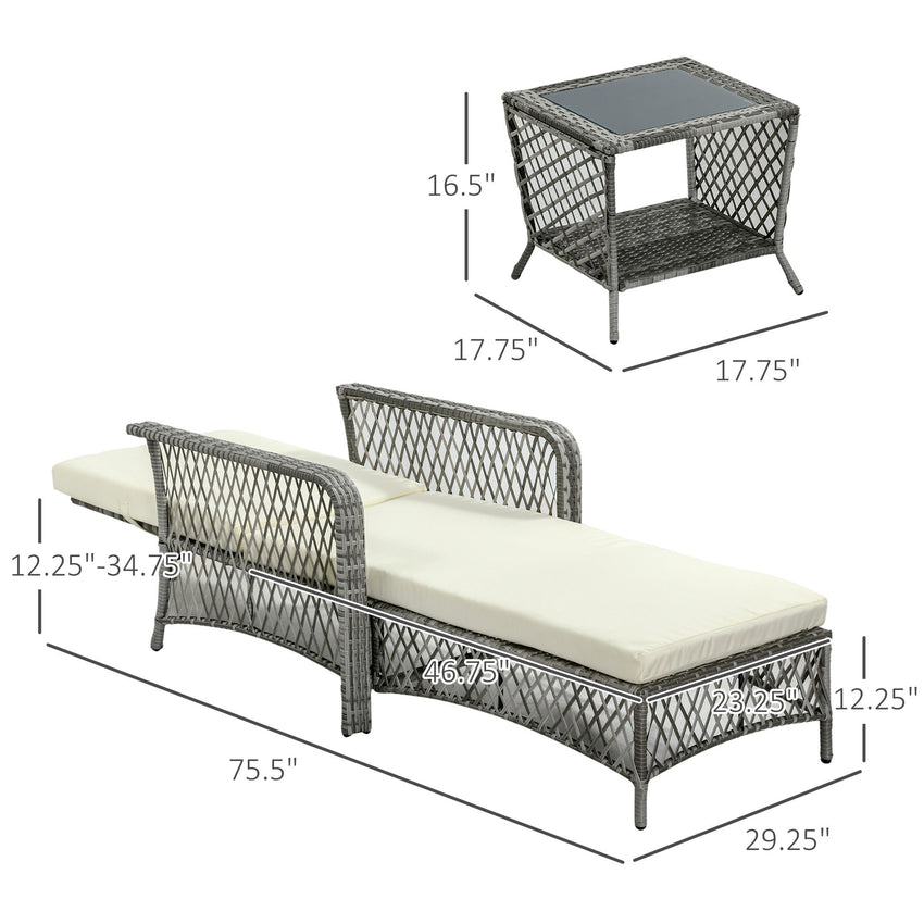 2 Pieces Wicker Patio Lounge Set w/ Cushions, Outdoor PE Rattan Sun Lounger Sets w/ 5-Level Reclining Chaise Chair & Two-tier Glass Top Coffee Table, Cream White