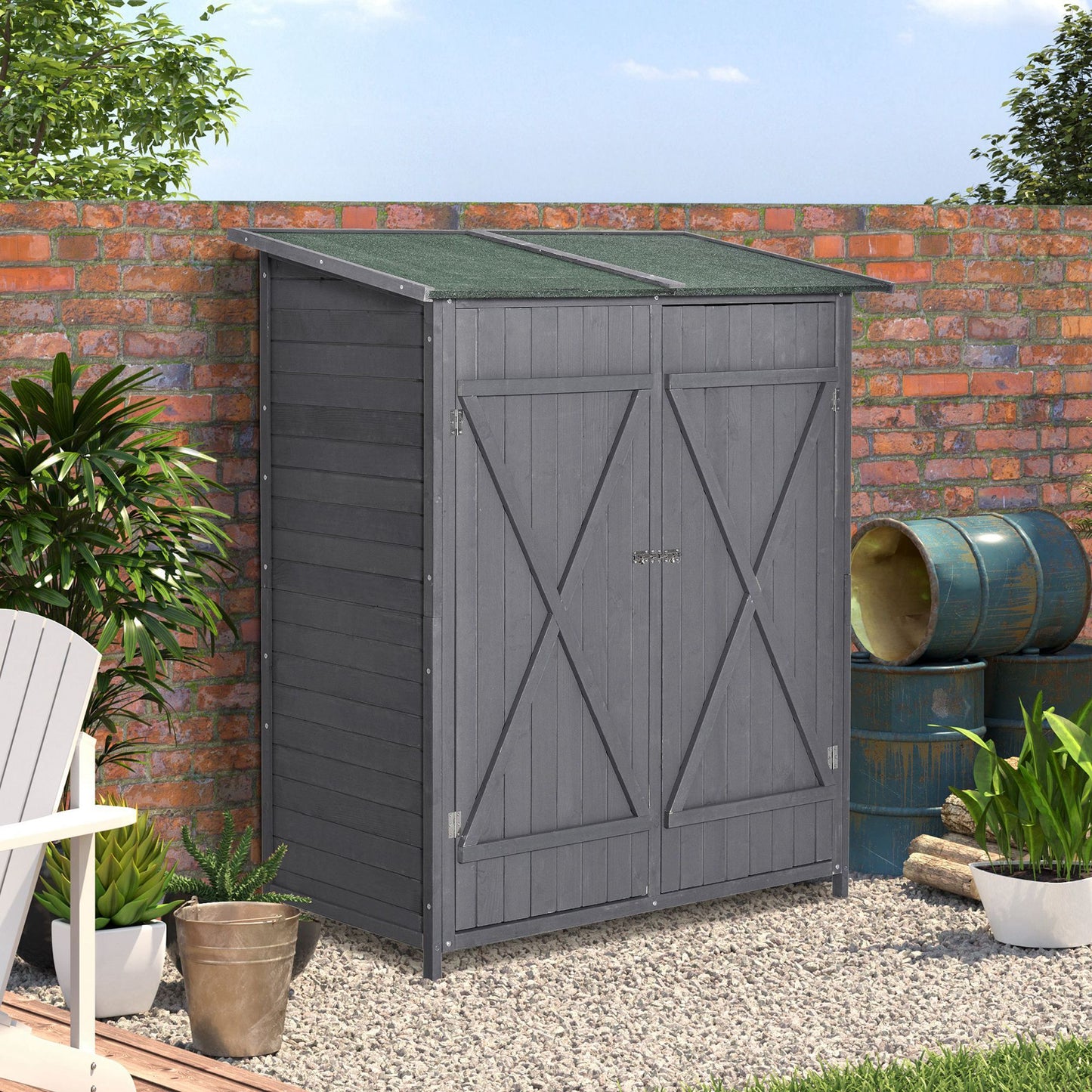 Garden Storage Shed Asphalt Roof Wooden Timber Double Door Utility Storage House with Shelf, Green and Grey