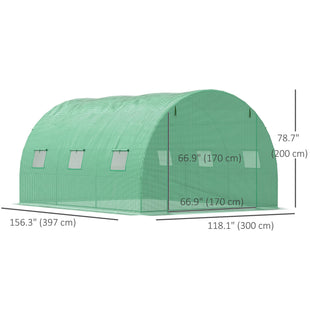 13' x 10' x 6.6' Walk-in Polytunnel Greenhouse, Outdoor Garden Tunnel Greenhouse Tent with Zipped Roll-Up Door and 6 Mesh Windows, Green