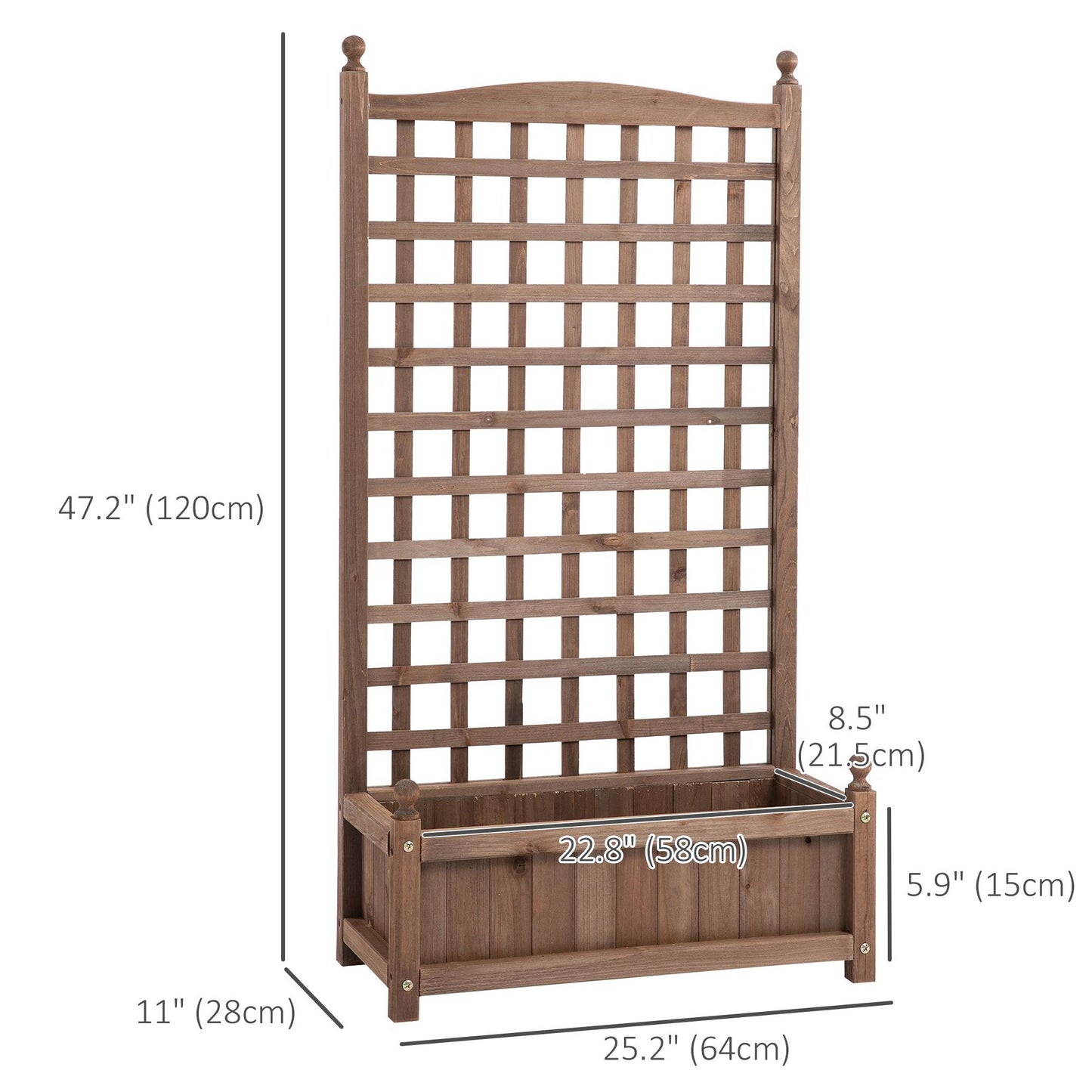 Raised Garden Bed with Trellis, Wood Planter Box for Garden, Free Standing Flower Bed, 25.2" x 11" x 47.2" Brown