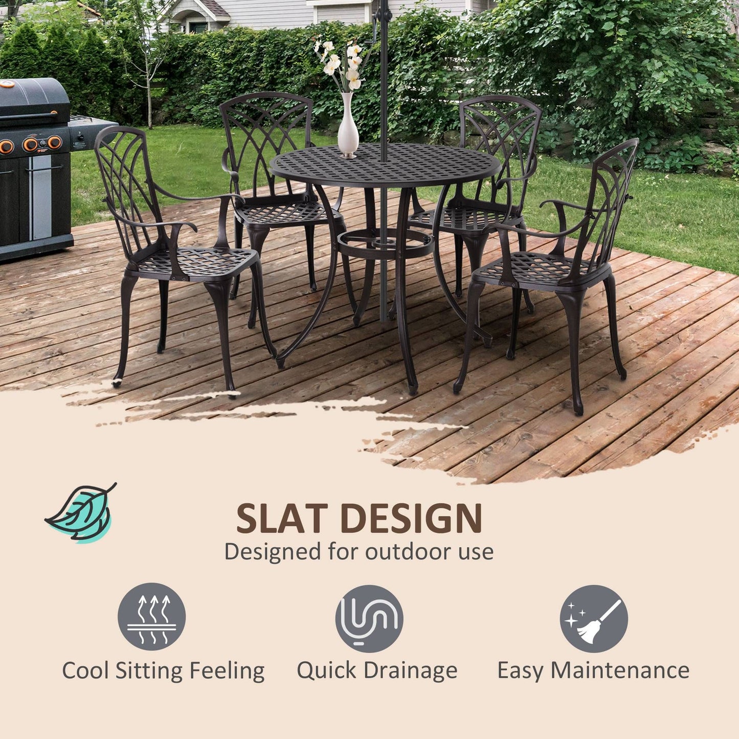5 Pieces Outdoor Dining Set, Cast Aluminium Patio Table and Chairs with Parasol Hole, Patio Dining Set for 4, Brown