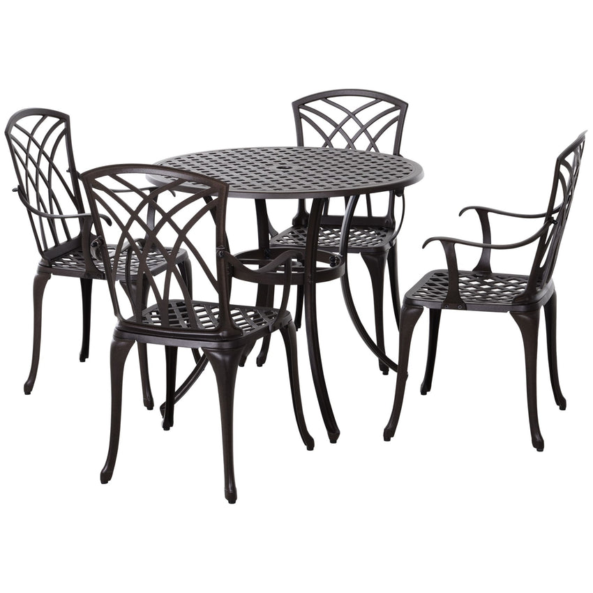 5 Pieces Outdoor Dining Set, Cast Aluminium Patio Table and Chairs with Parasol Hole, Patio Dining Set for 4, Brown