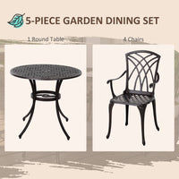 5 Pieces Outdoor Dining Set, Cast Aluminium Patio Table and Chairs with Parasol Hole, Patio Dining Set for 4, Brown