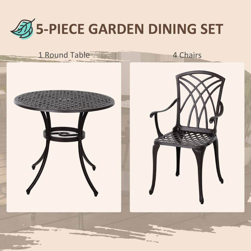 5 Pieces Outdoor Dining Set, Cast Aluminium Patio Table and Chairs with Parasol Hole, Patio Dining Set for 4, Brown