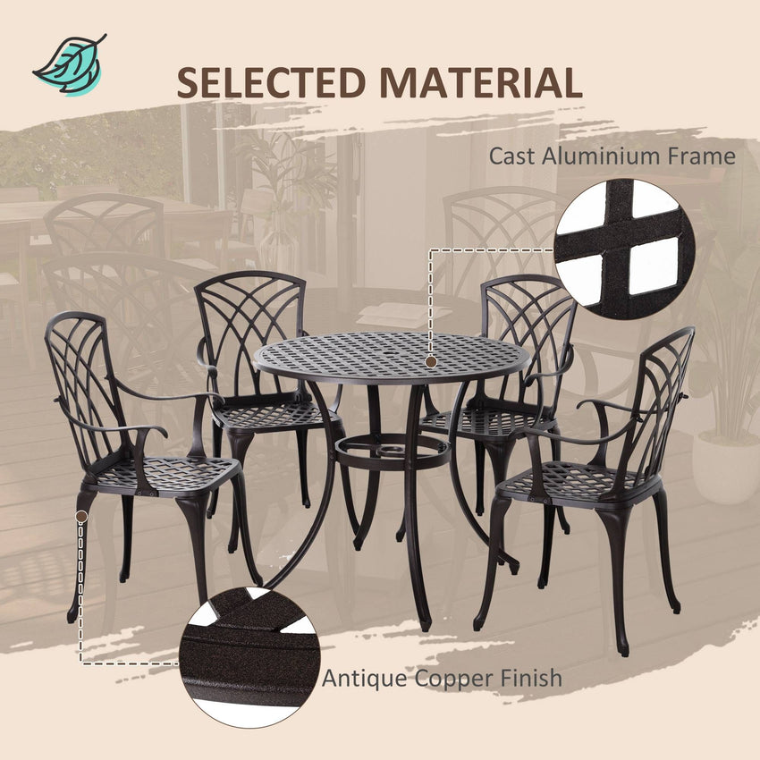 5 Pieces Outdoor Dining Set, Cast Aluminium Patio Table and Chairs with Parasol Hole, Patio Dining Set for 4, Brown
