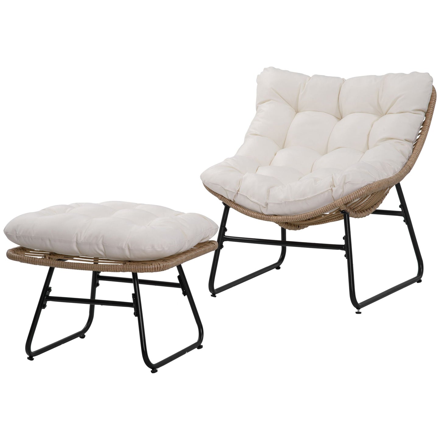 Rattan Chair w/ Stool, Cushion, Adjustable Foot Pads, Natural