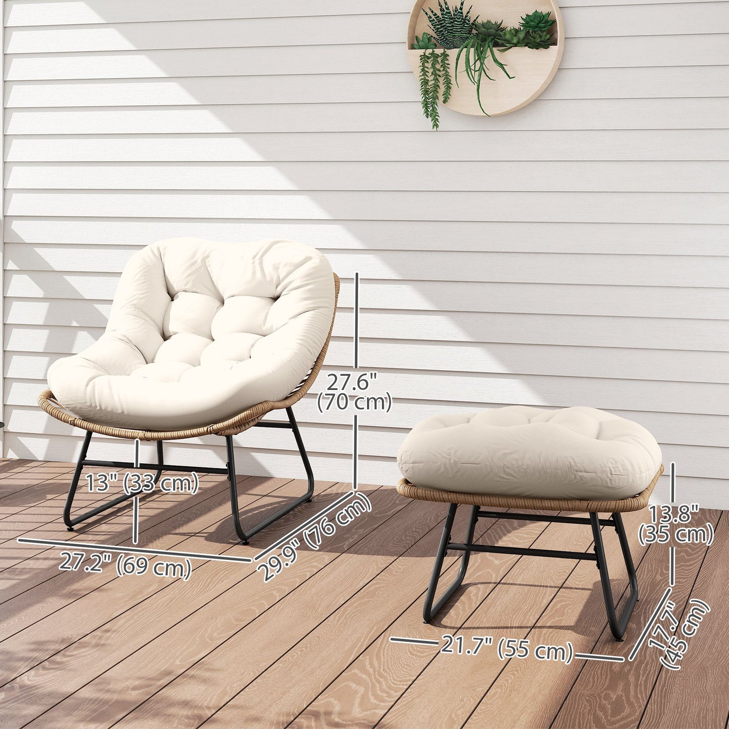 Rattan Chair w/ Stool, Cushion, Adjustable Foot Pads, Natural