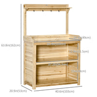 Potting Bench Table, Wooden Garden Workstation Bench with Galvanized Metal Tabletop, Storage Shelves and Hooks for Patios, Courtyards, Balcony