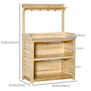 Potting Bench Table, Wooden Garden Workstation Bench with Galvanized Metal Tabletop, Storage Shelves and Hooks for Patios, Courtyards, Balcony