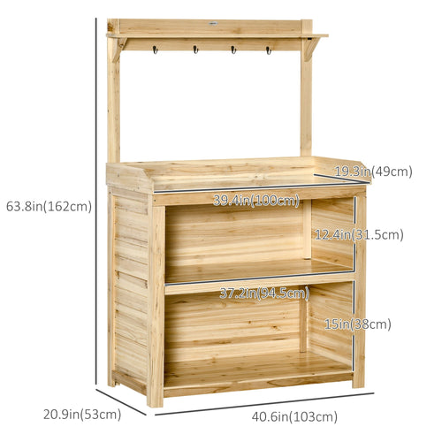 Potting Bench Table, Wooden Garden Workstation Bench with Galvanized Metal Tabletop, Storage Shelves and Hooks for Patios, Courtyards, Balcony