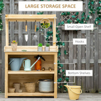 Potting Bench Table, Wooden Garden Workstation Bench with Galvanized Metal Tabletop, Storage Shelves and Hooks for Patios, Courtyards, Balcony