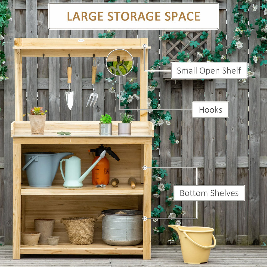 Potting Bench Table, Wooden Garden Workstation Bench with Galvanized Metal Tabletop, Storage Shelves and Hooks for Patios, Courtyards, Balcony