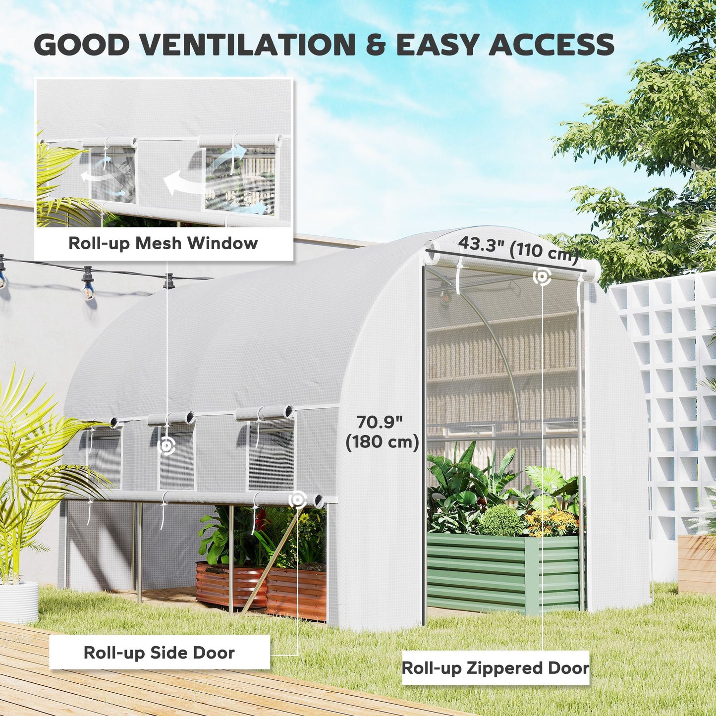 10' x 6.6' x 6.6' Walk-in Tunnel Greenhouse with Quality PE Cover, Zipper Doors & Mesh Windows, White