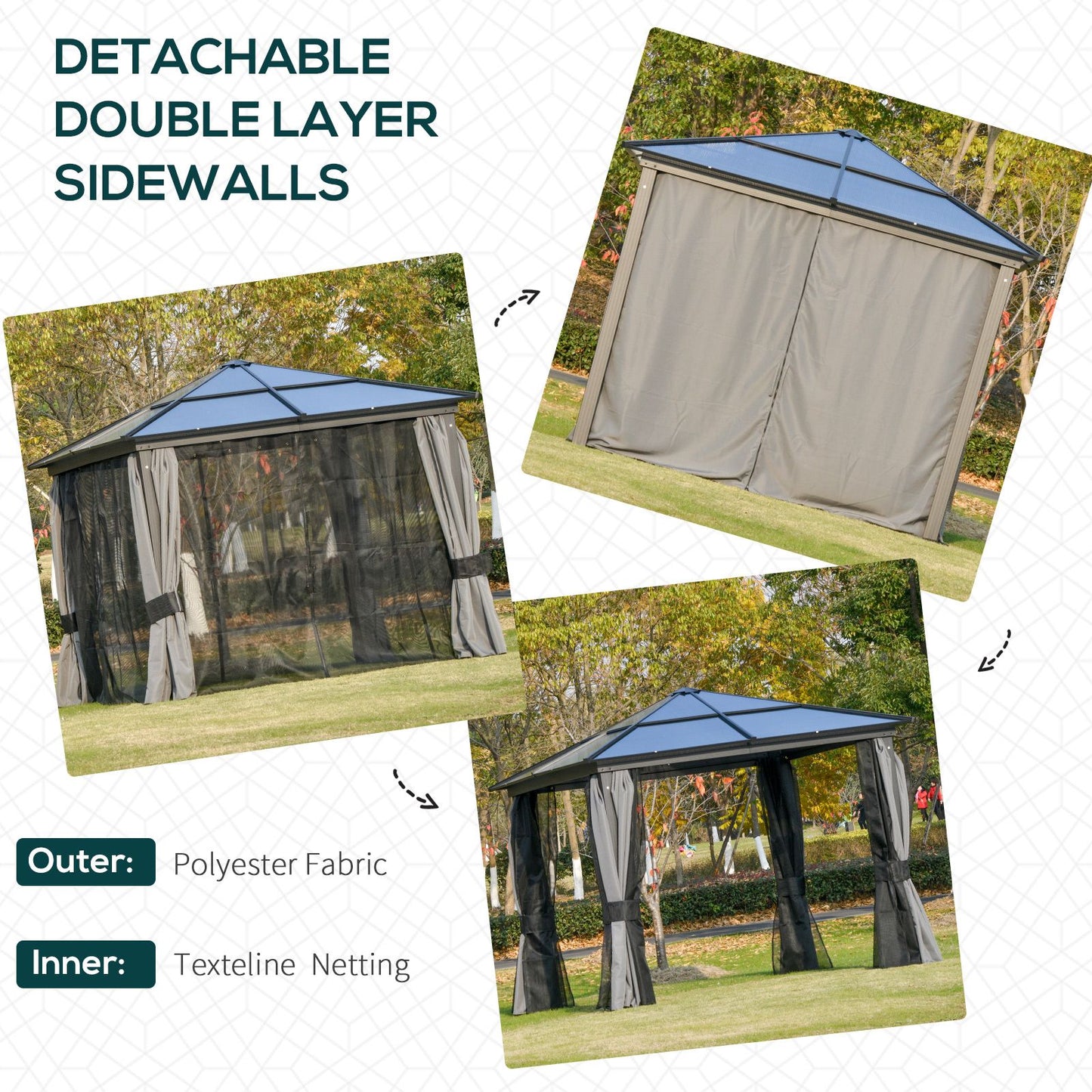 10x10ft Hardtop Gazebo with Aluminum Frame, Polycarbonate Gazebo Canopy with Curtains and Netting