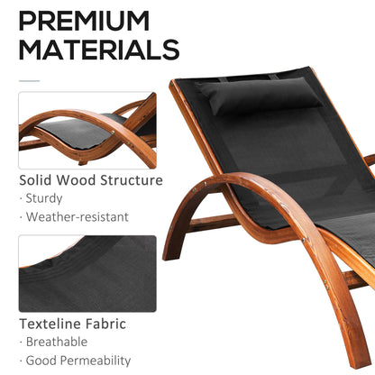 Outdoor Wood Chaise Lounge Chair Recliner Patio Camping with Headrest, Teak & Black