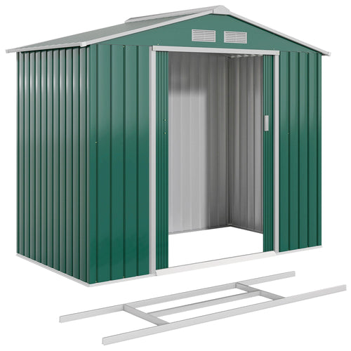 7' x 4' x 6' Garden Storage Shed Outdoor Patio Metal Tool Storage House w/ Foundation Kit and Double Doors Green
