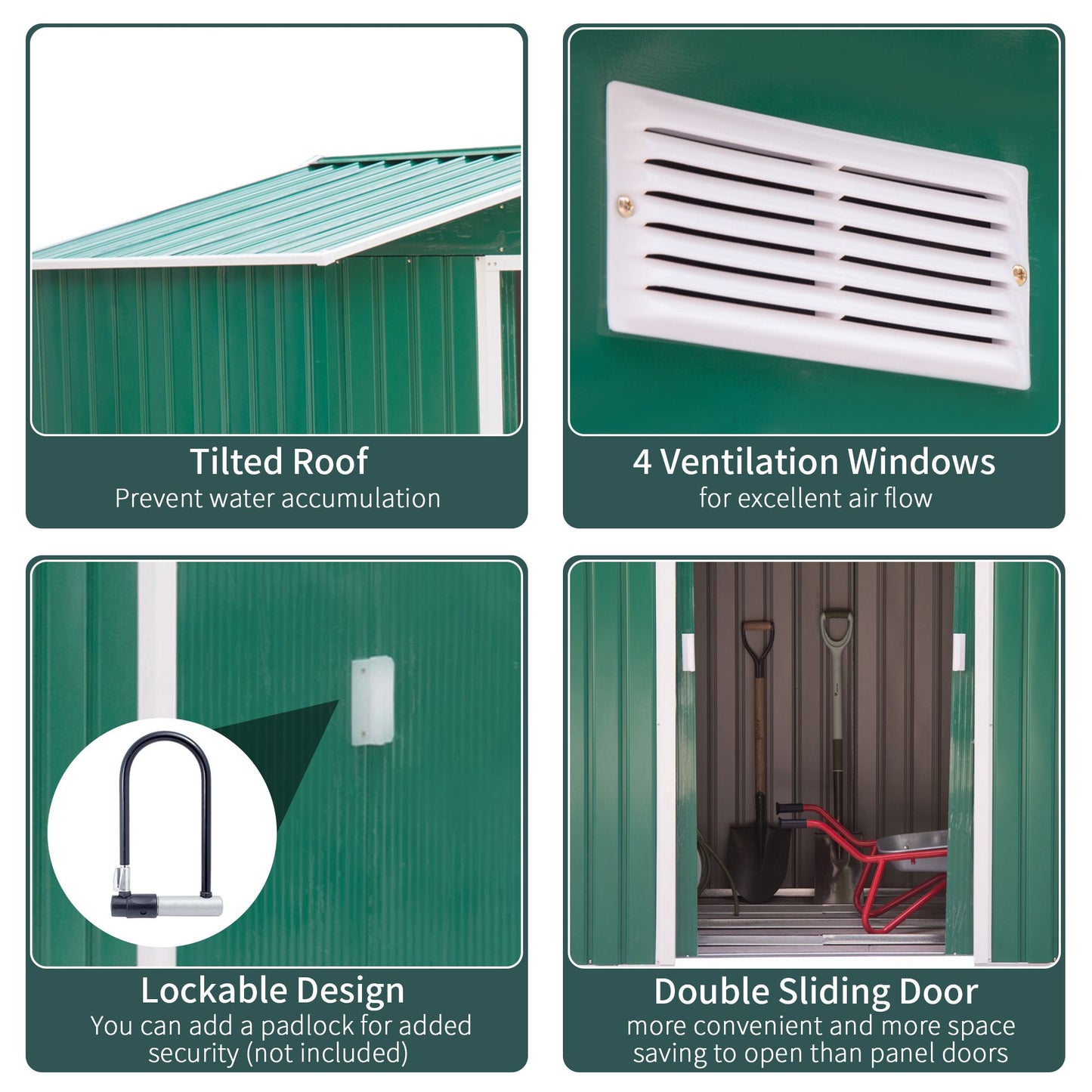 7' x 4' x 6' Garden Storage Shed Outdoor Patio Metal Tool Storage House w/ Foundation Kit and Double Doors Green