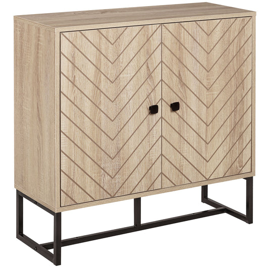 Modern Sideboard, Buffet Cabinet with 2 Chevron Doors and Adjustable Shelf, Kitchen Storage Cabinet with Steel Base, Coffee Bar Cabinet, 31.5" H, Oak