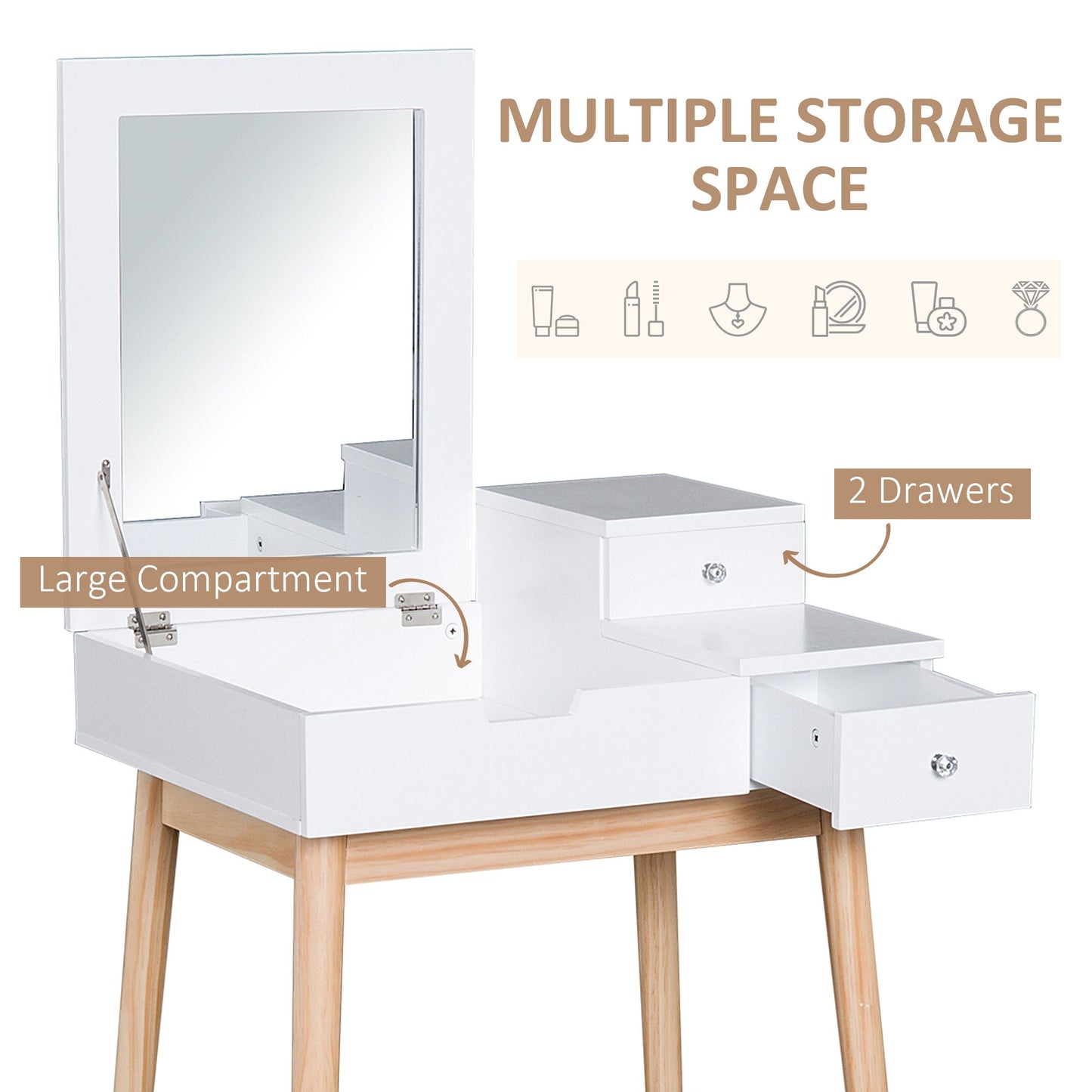 Makeup Vanity Table with Flip-up Mirror, Modern Dressing Table with 2 Drawers for Bedroom, White