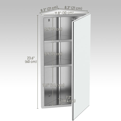 Wall mounted Bathroom Corner Mirror Storage Cabinet Stainless Steel with Single Door