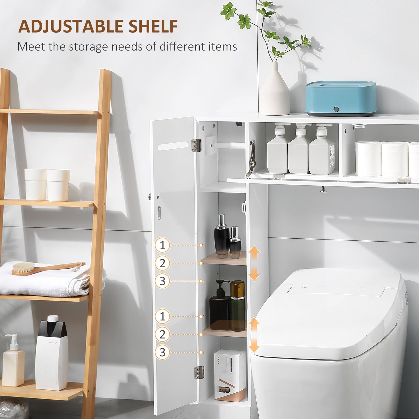 Over the Toilet Storage Cabinet, Freestanding Bathroom Organizers Cabinet with Flip Up Door and Adjustable Shelves for Laundry Room, White