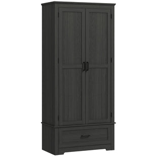 69" Tall Farmhouse Kitchen Pantry Cabinet with 2 Doors, Drawer and Adjustable Shelves, Black Wood Grain