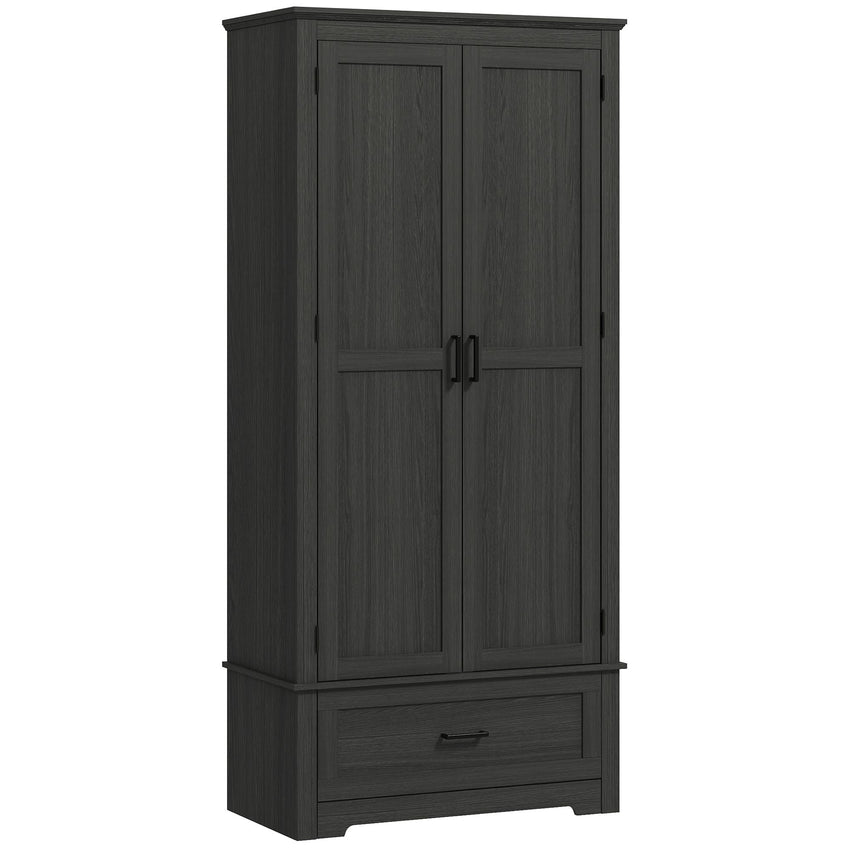 69" Tall Farmhouse Kitchen Pantry Cabinet with 2 Doors, Drawer and Adjustable Shelves, Black Wood Grain
