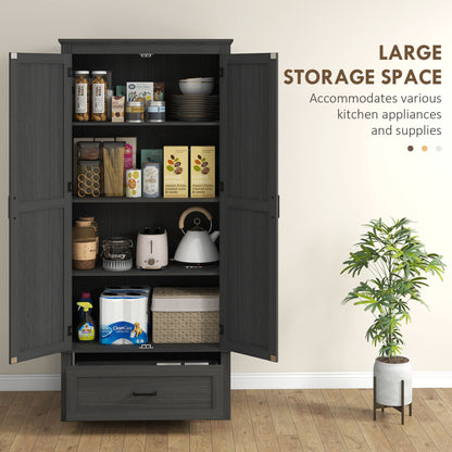 69" Tall Farmhouse Kitchen Pantry Cabinet with 2 Doors, Drawer and Adjustable Shelves, Black Wood Grain