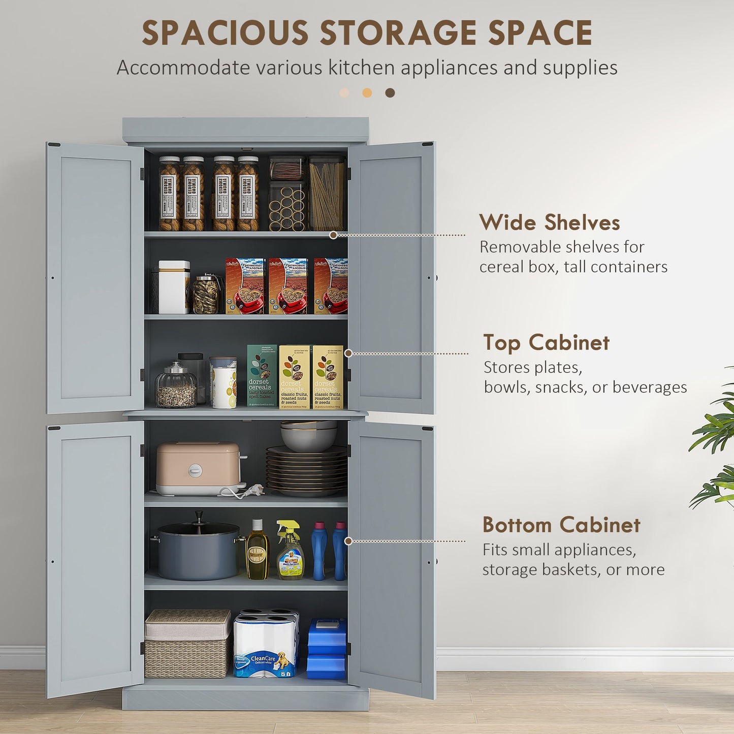 72.5" Freestanding Kitchen Pantry Cabinet with 4 Doors, Grey