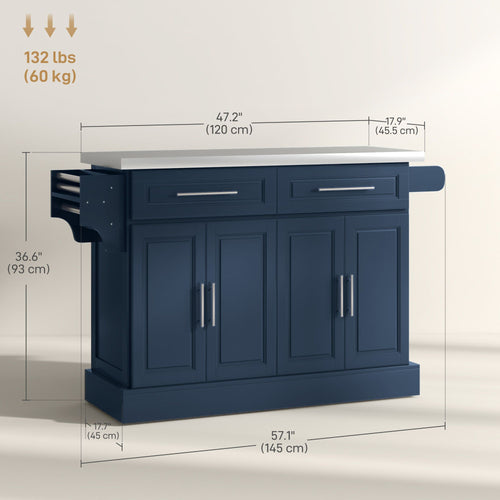 Rolling Kitchen Island with Storage and Stainless Steel Top, Kitchen Trolley with Drawers, Cabinets, Towel Rack, Blue
