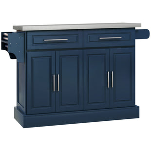 Rolling Kitchen Island with Storage and Stainless Steel Top, Kitchen Trolley with Drawers, Cabinets, Towel Rack, Blue