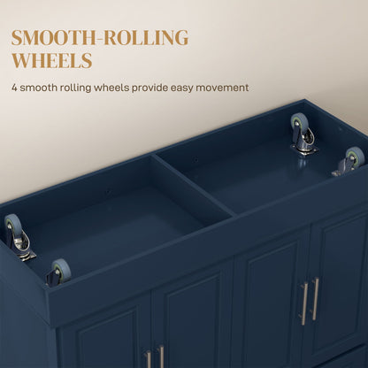 Rolling Kitchen Island with Storage and Stainless Steel Top, Kitchen Trolley with Drawers, Cabinets, Towel Rack, Blue
